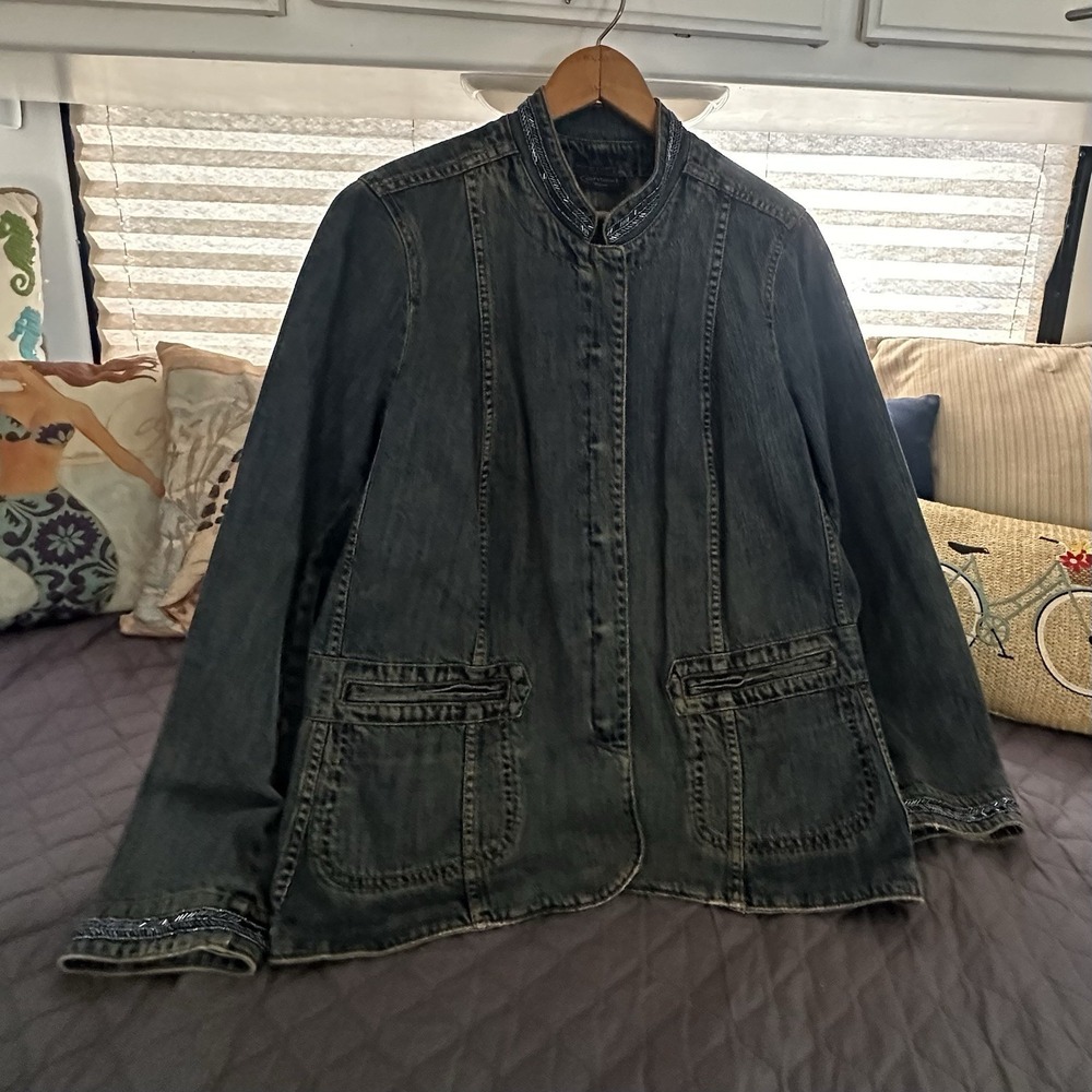 Context Beaded Denim Jacket Size 20W Dark Wash Nehru Collar Western Cowgirl